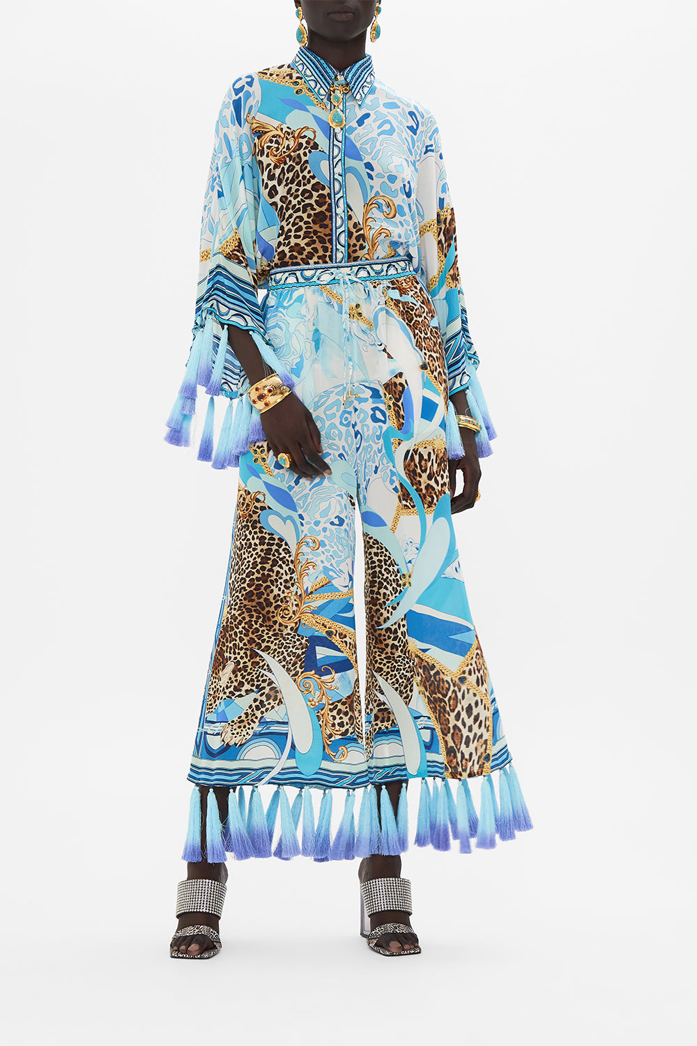 Detail view of model wearing CAMILLA silk blouse in Sky Cheetah print