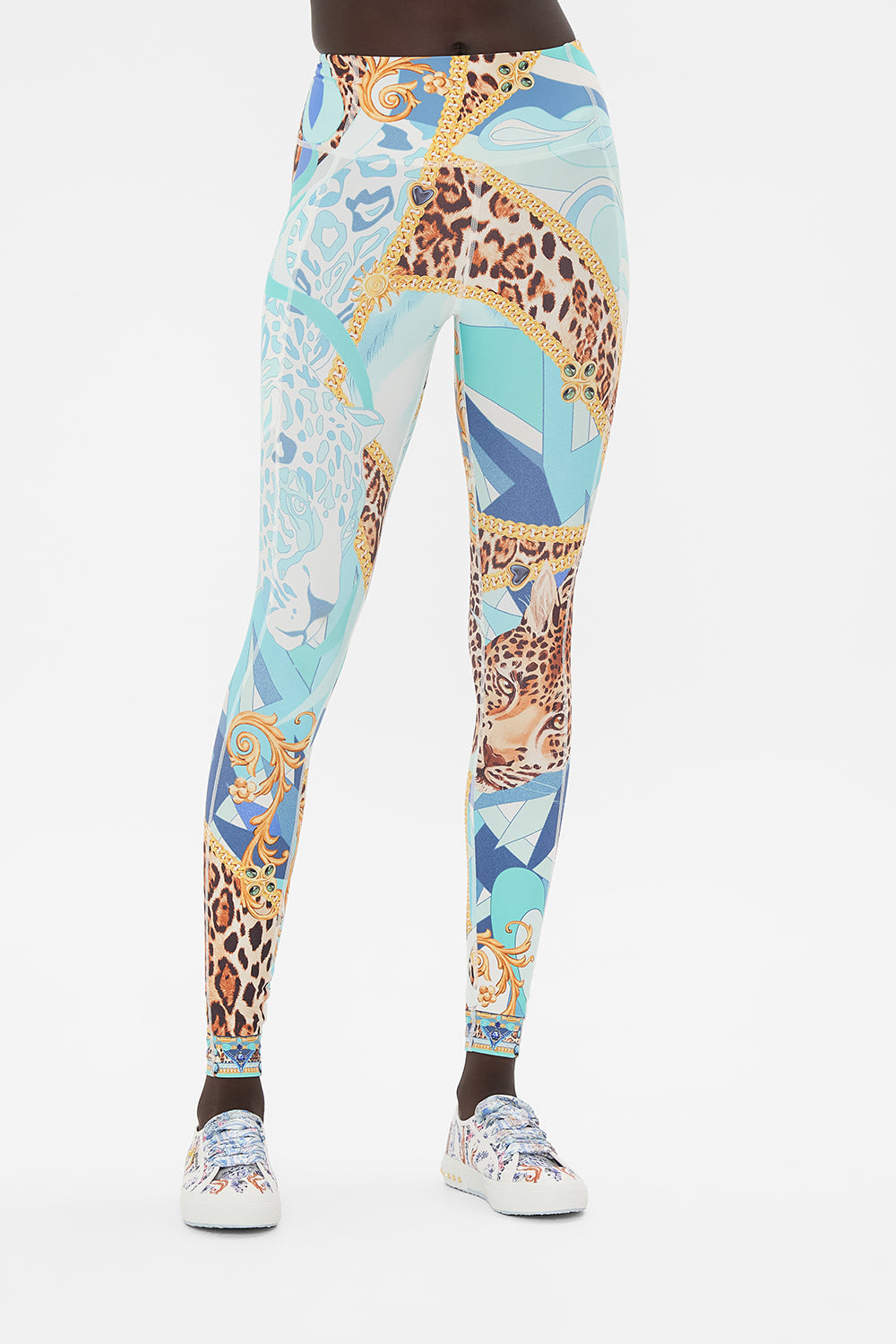 Crop view of model wearing CAMILLA activewear legging in Sky Cheetah print