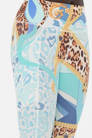 Detail view of model wearing CAMILLA activewear legging in Sky Cheetah print
