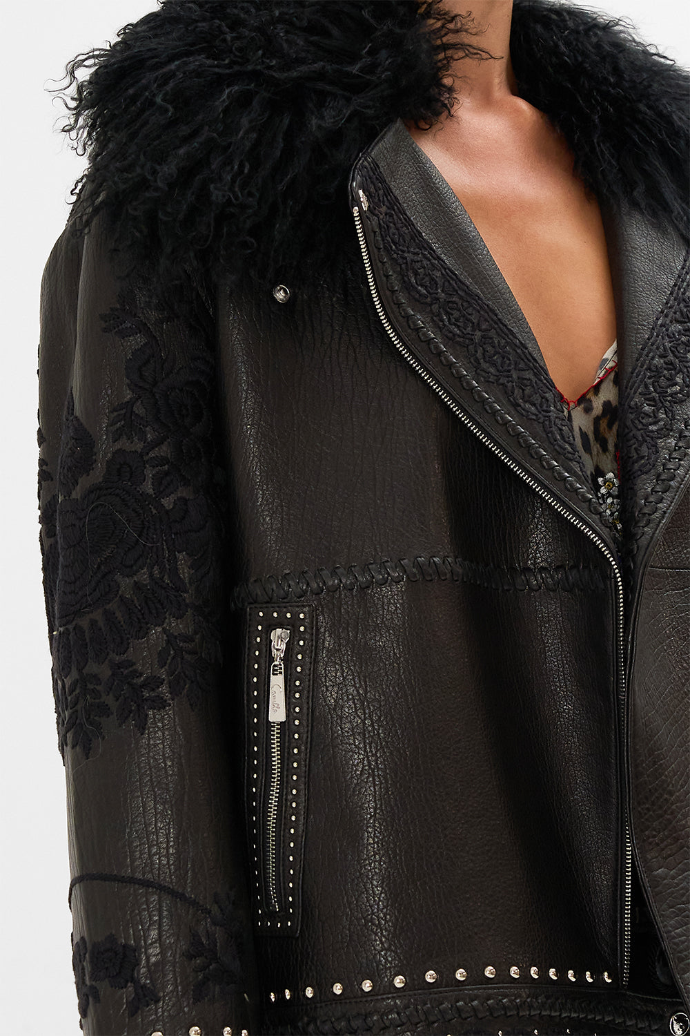 CAMILLA leather biker jacket in Volendam Dolls print