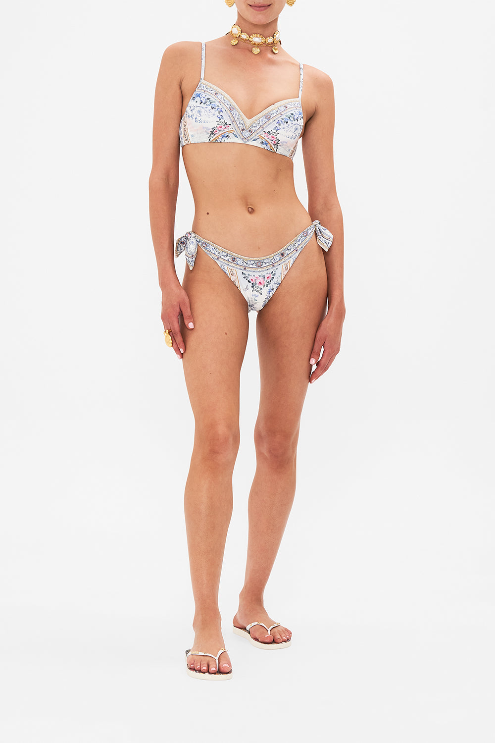 Front view of model wearing CAMILLA lingerie bra in Season Of The Siren print