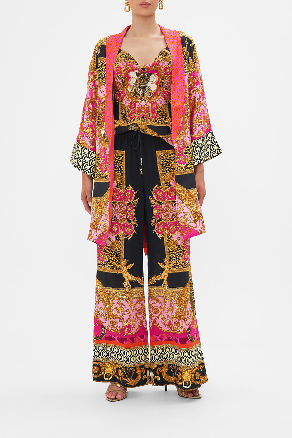 Front view of model wearing CAMILLA silk robe in Ciao Palazzo print