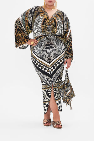 Front view of curvy model wearing CAMILLA plus size black and white maxi dress in Look Up Tesoro print