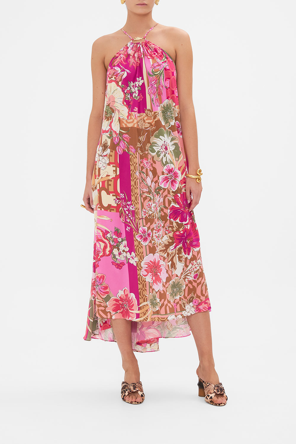 Front view of model wearing CAMILLA silk  neck halter dress in A Girl Named Florence print