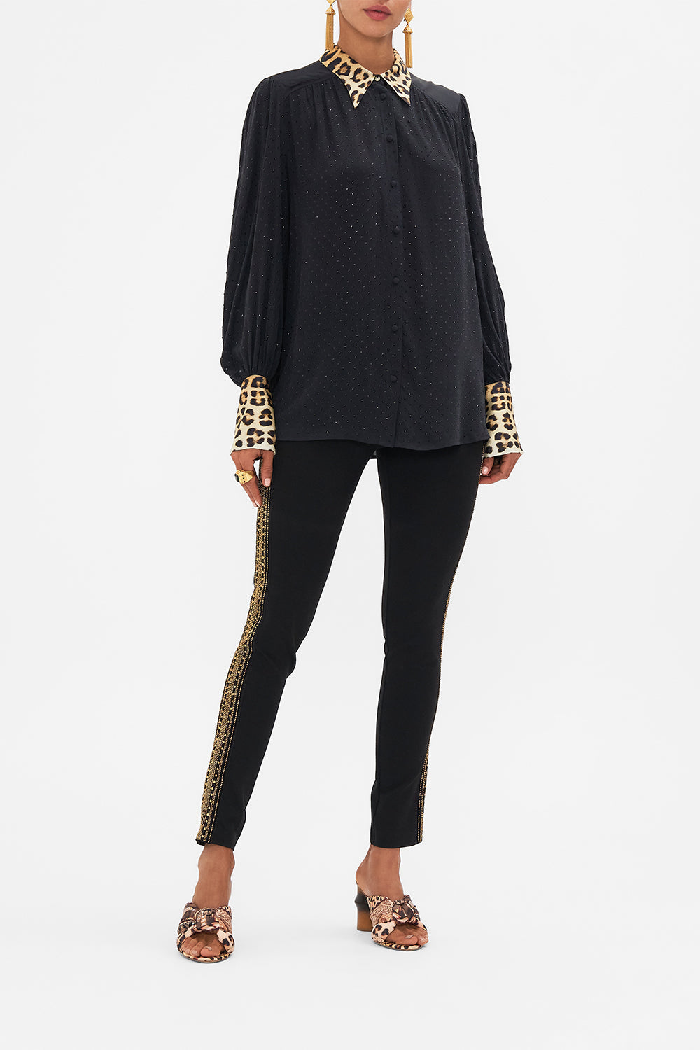 Front view of model wearing CAMILLA silk leopard print blouse in Standing Ovation print