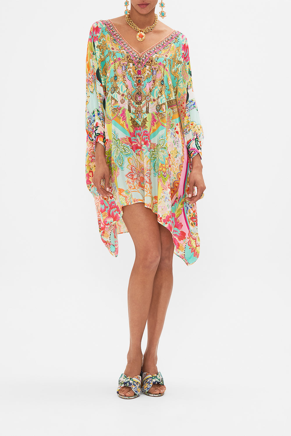 Front view of model wearing CAMILLA short silk kaftan in An Italian Welcome print