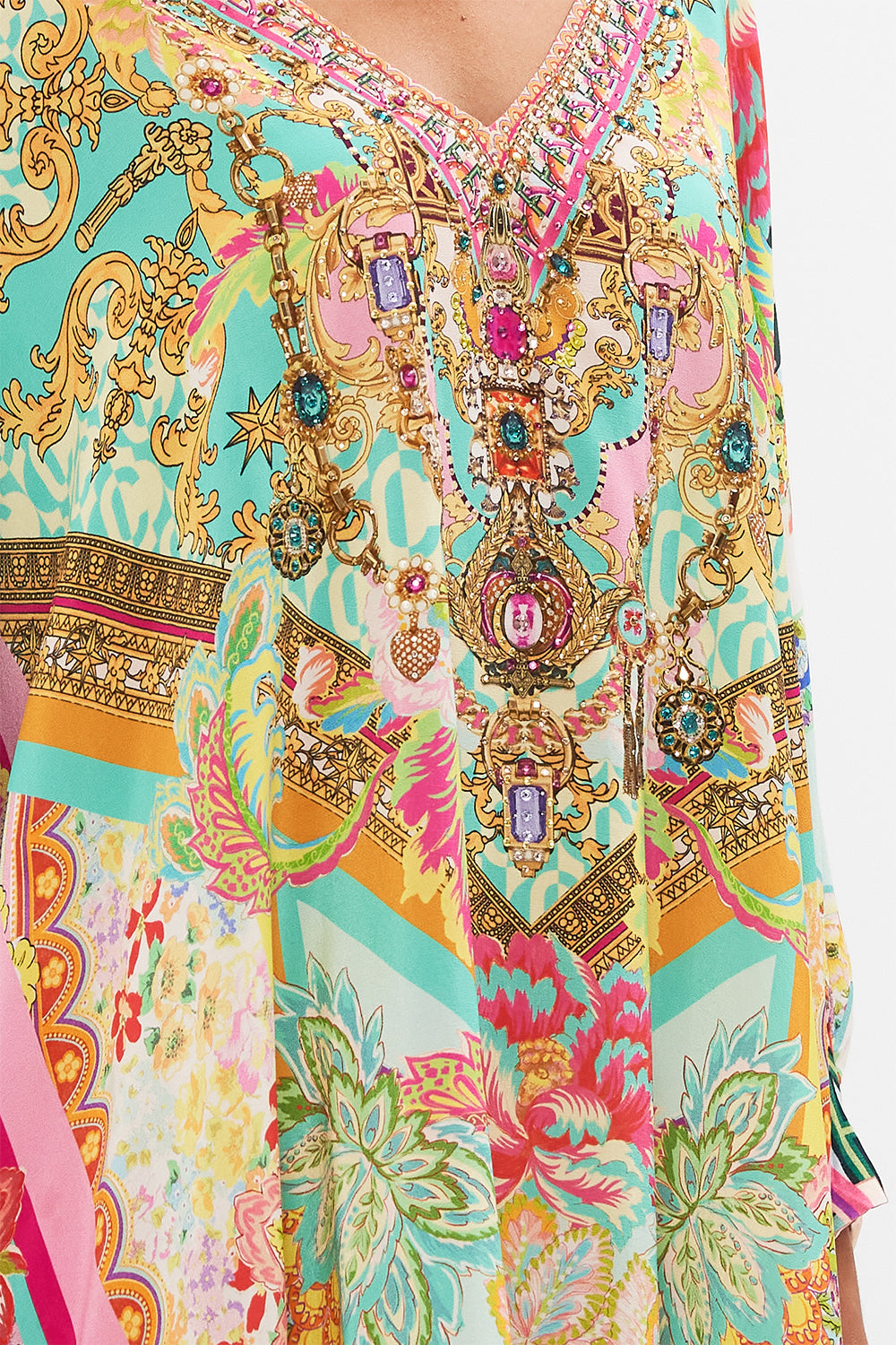 Detail view of model wearing CAMILLA short silk kaftan in An Italian Welcome print