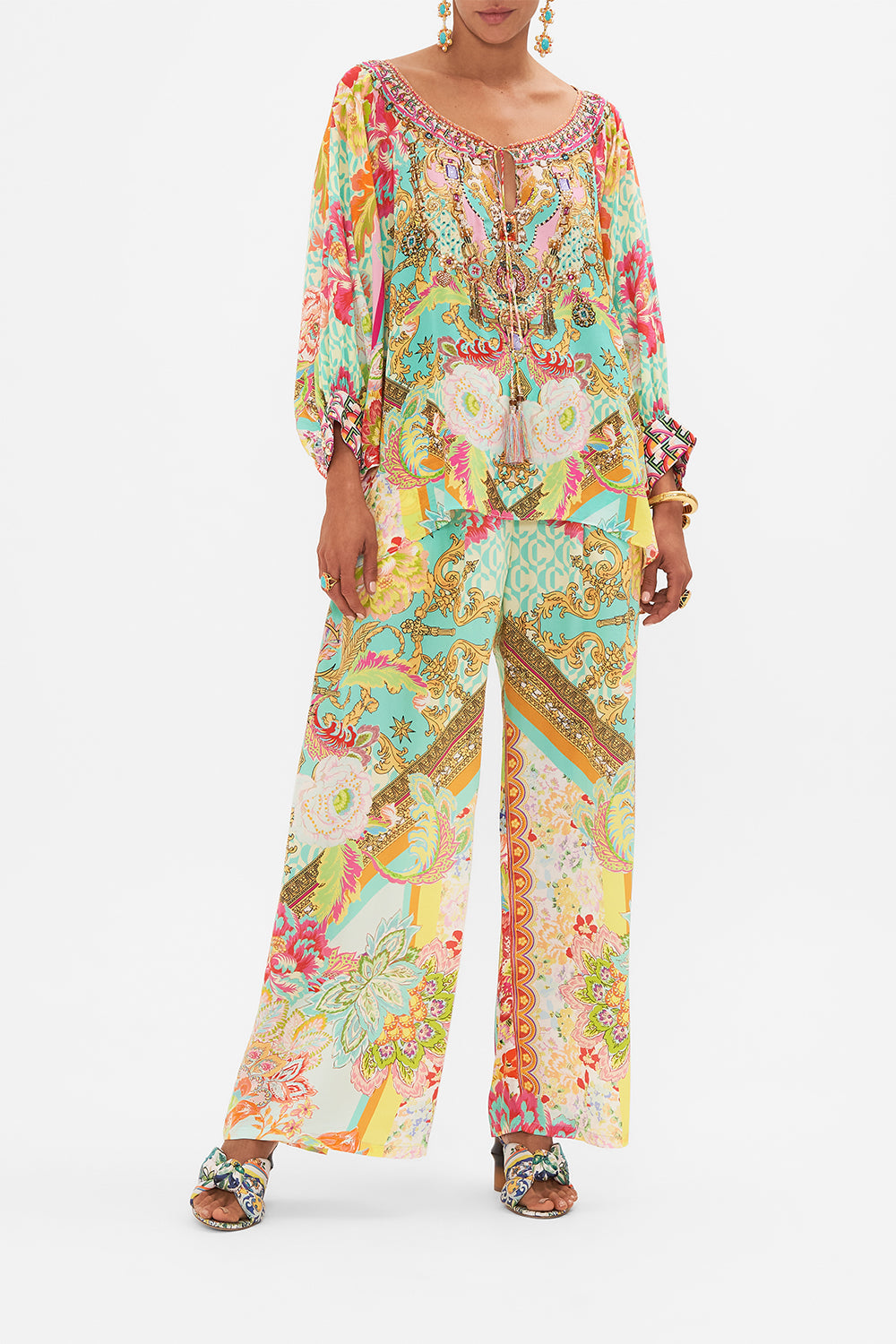 Front view of model wearing CAMILLA printed silk blouse in An Italian Welcome print