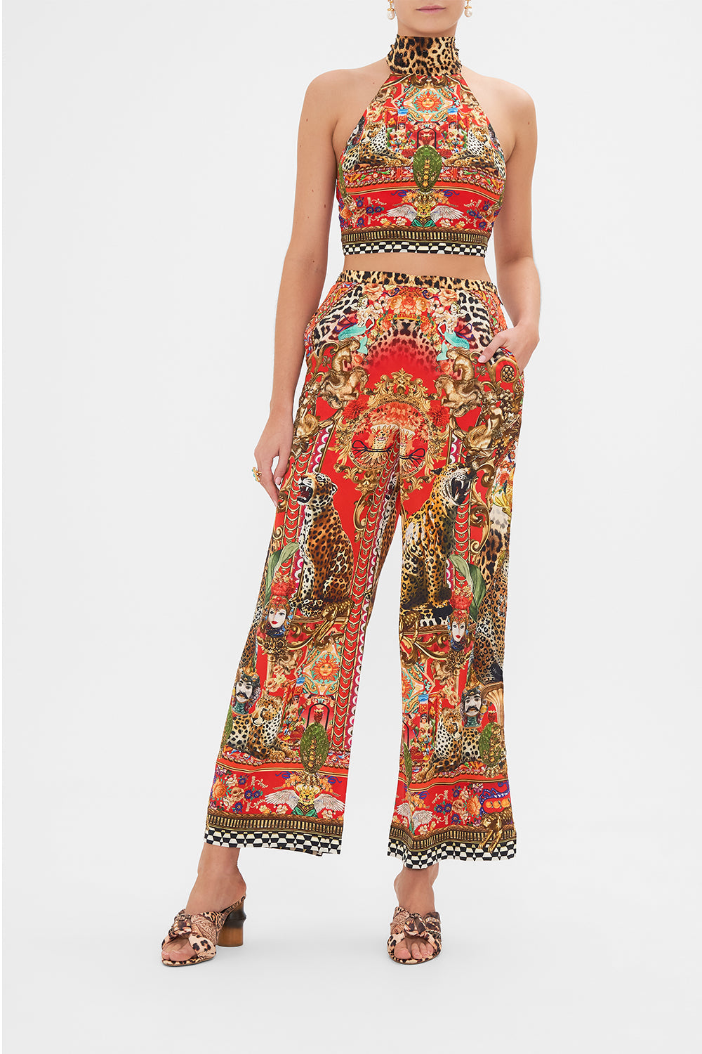 Front view of model wearing CAMILLA silk wide leg pant in From Generation to Generation print