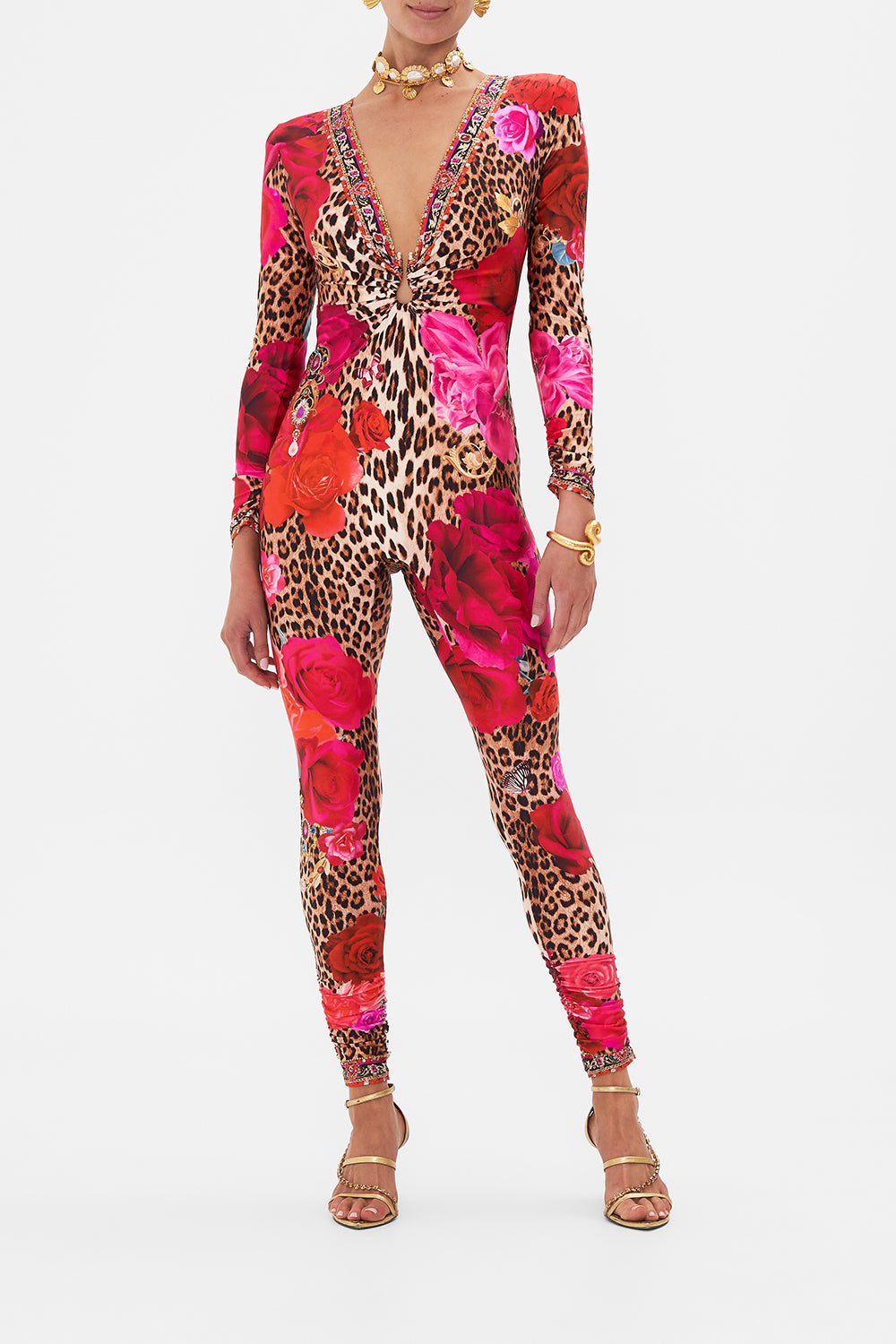 Front view of model wearing CAMILLA catsuit in Heart Like A Wildflower print 
