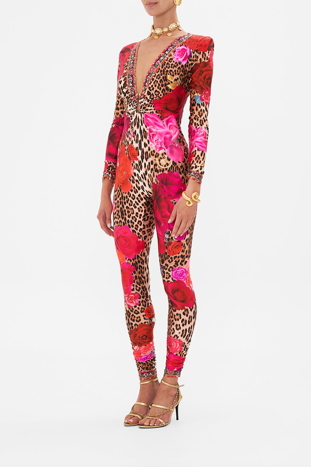 Side view of model wearing CAMILLA catsuit in Heart Like A Wildflower print 
