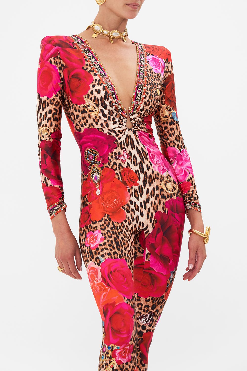 Crop view of model wearing CAMILLA catsuit in Heart Like A Wildflower print 