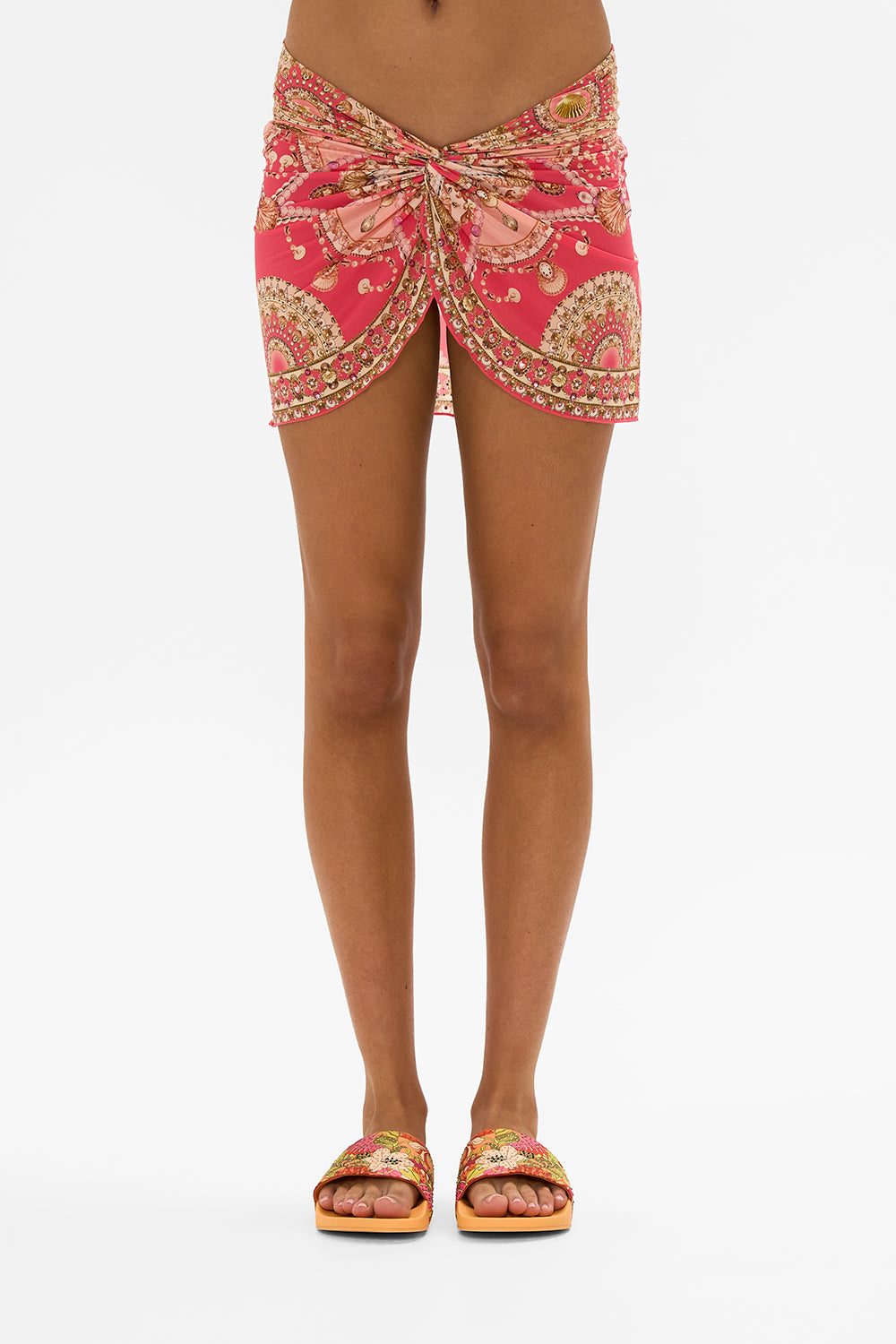 CAMILLA pink twist front short skirt in Shell Games