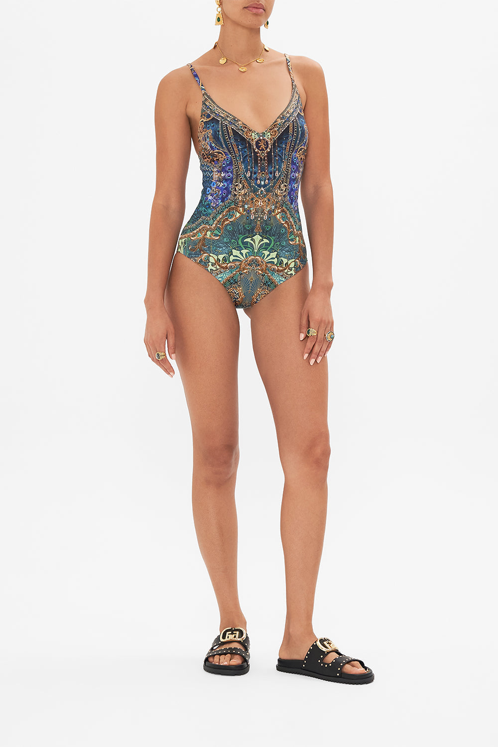 Front view of model wearing CAMILLA one piece swimsuit in Fan Dance print