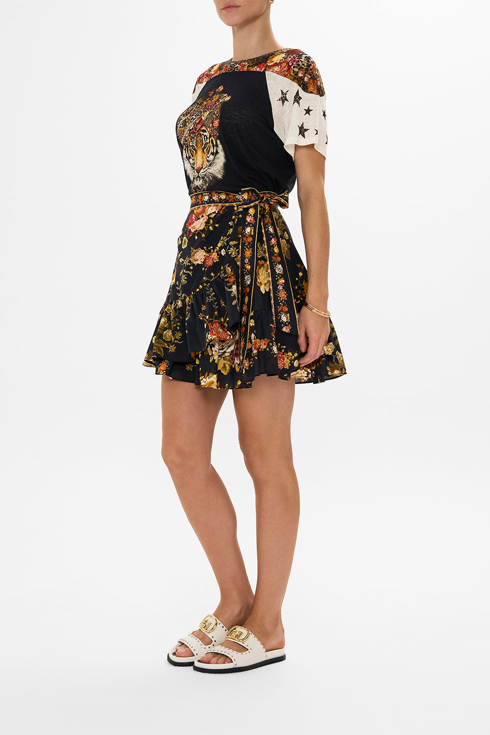 CAMILLA leopard fitted panelled t-shirt in Born In Bruges print.