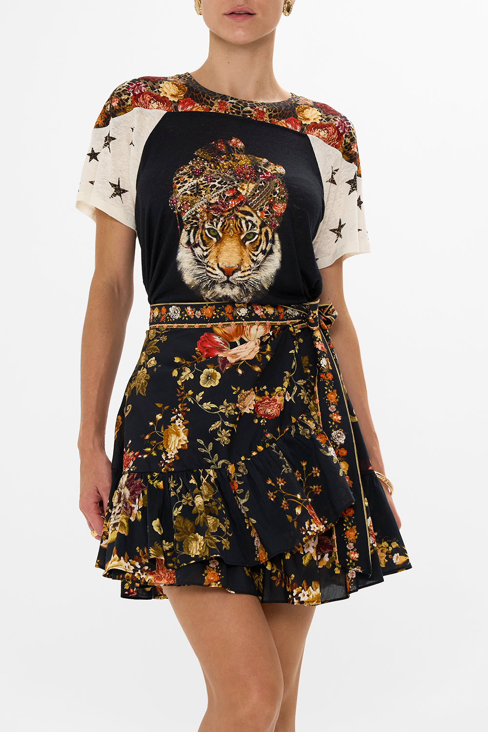 CAMILLA leopard fitted panelled t-shirt in Born In Bruges print.