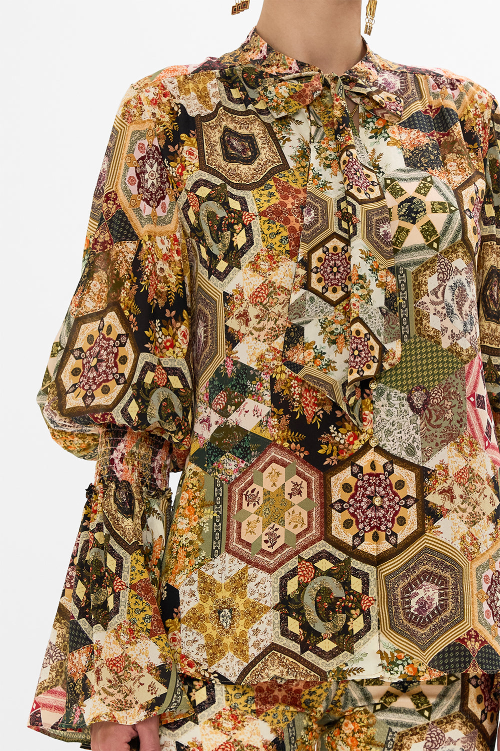 CAMILLA Floral Elastic Sleeve Tie Front Blouse in Stitched in Time print