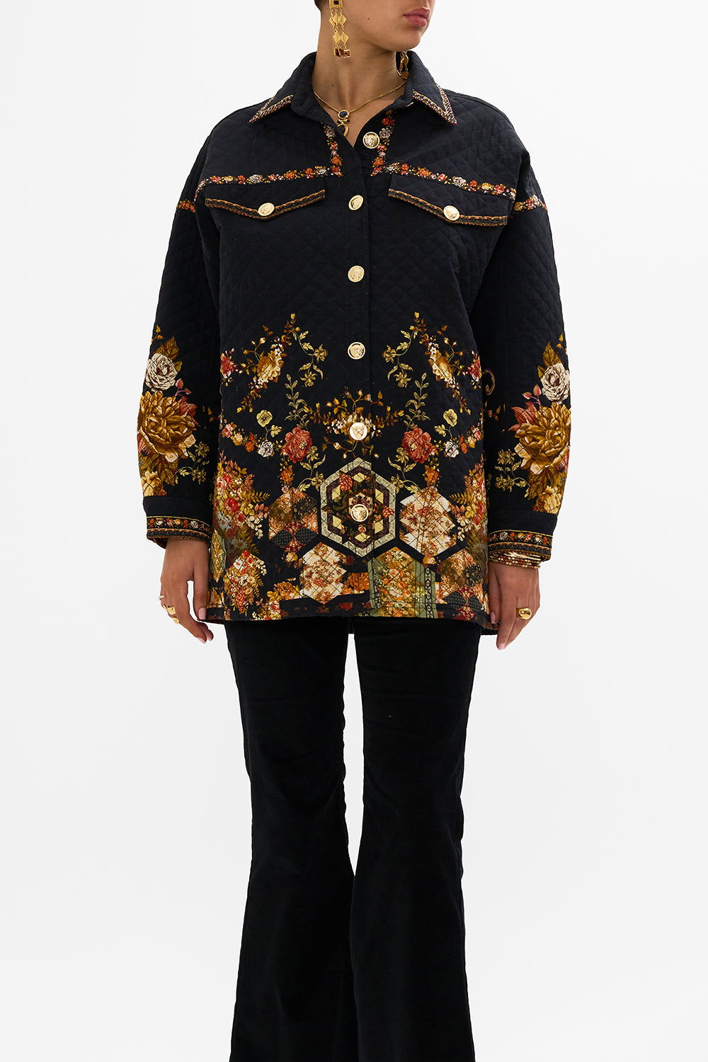 CAMILLA Floral Quilted Shacket in Stitched In Time print.