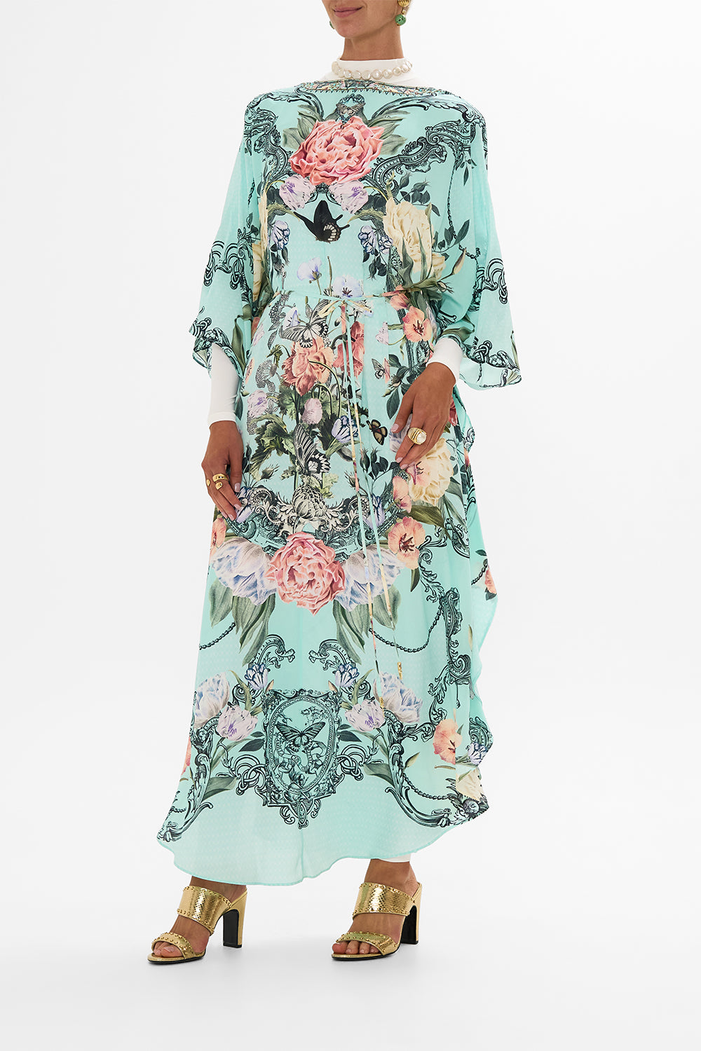 CAMILLA Black Quilted Collar Wool Coat with Vest Detail in Magic in the Manuscripts print