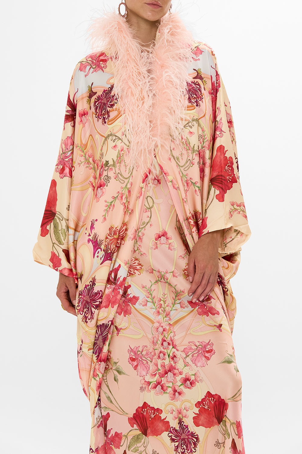CAMILLA Floral Draped Back Layer with Feather Collar in Blossoms and Brushstrokes