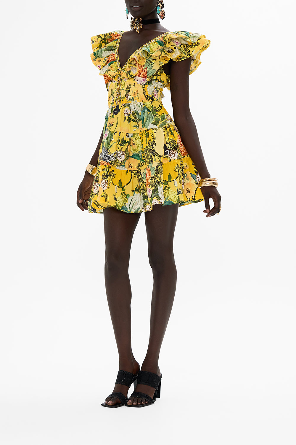 CAMILLA yellow short mini dress Paths Of Gold print 