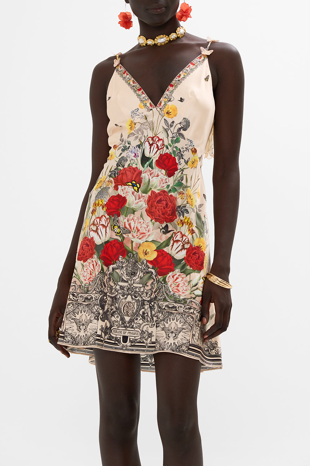 CAMILLA multi V-Neck Bias Slip Dress with Back Frill in Etched into Eternity