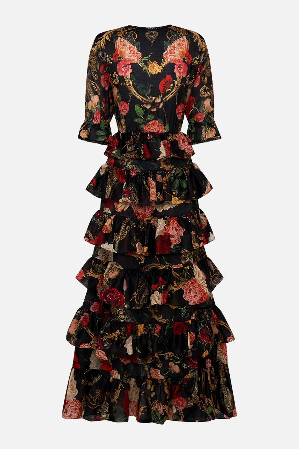 CAMILLA floral maxi ruffle dress in Magic In The Manuscripts print 