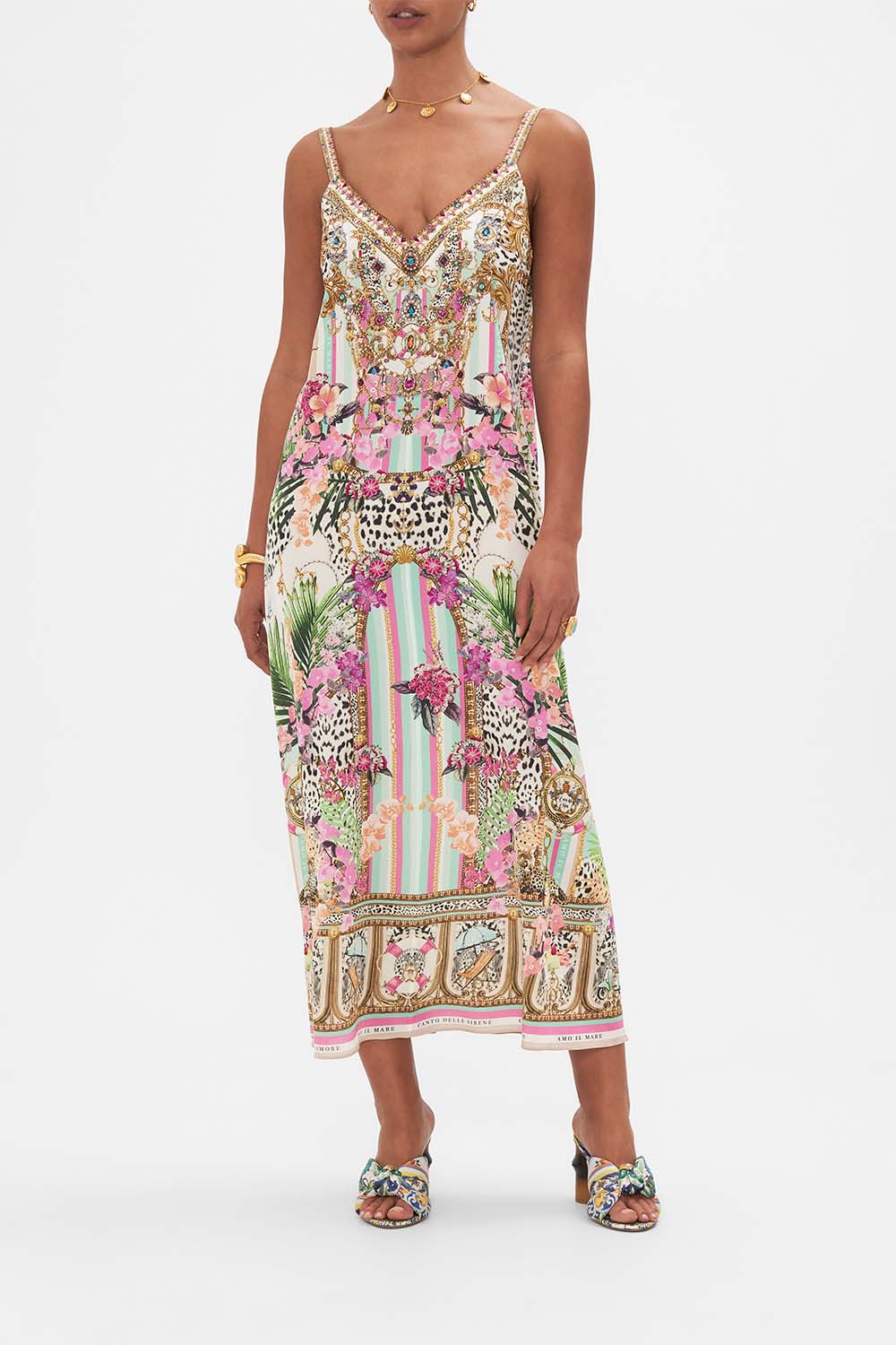 Front view of model wearing CAMILL silk  midi dress in Dear Amore Mio print