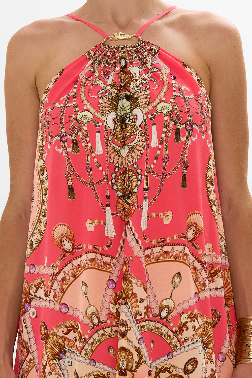 CAMILLA Pink Gather Neck Hardware Maxi Dress in Shell Games