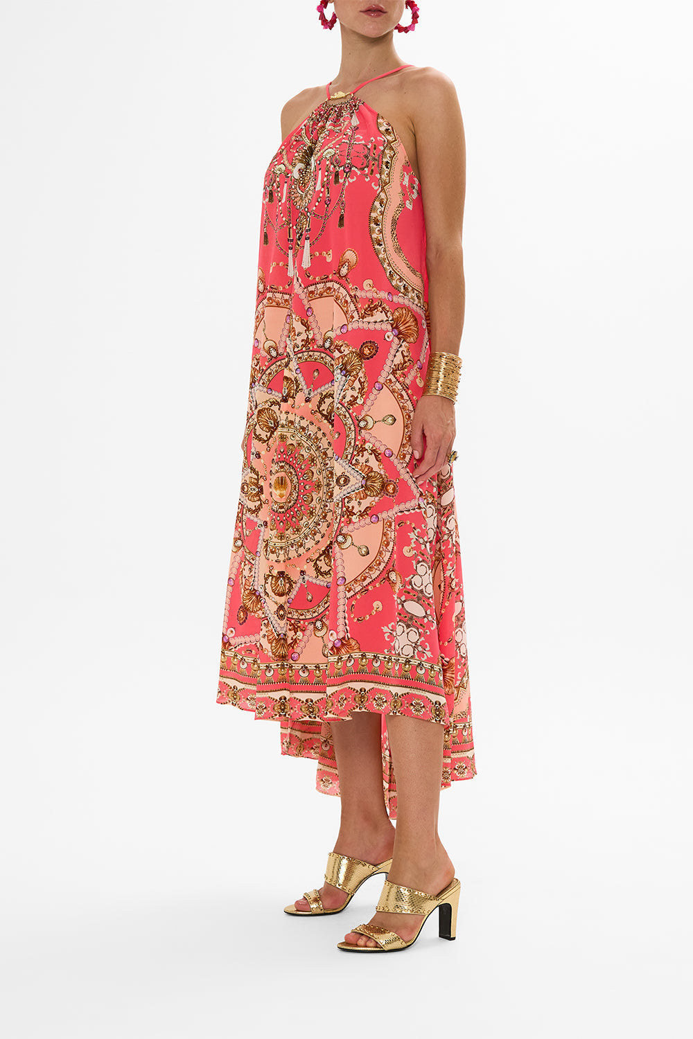 CAMILLA Pink Gather Neck Hardware Maxi Dress in Shell Games