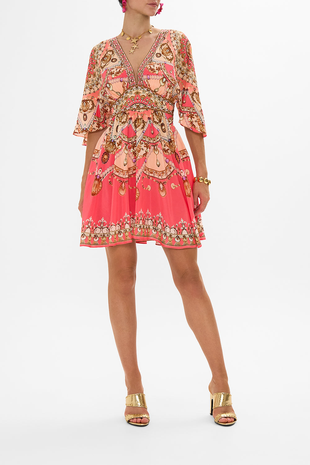 CAMILLA Black Quilted Long Wrap Coat in Stitched in Time print