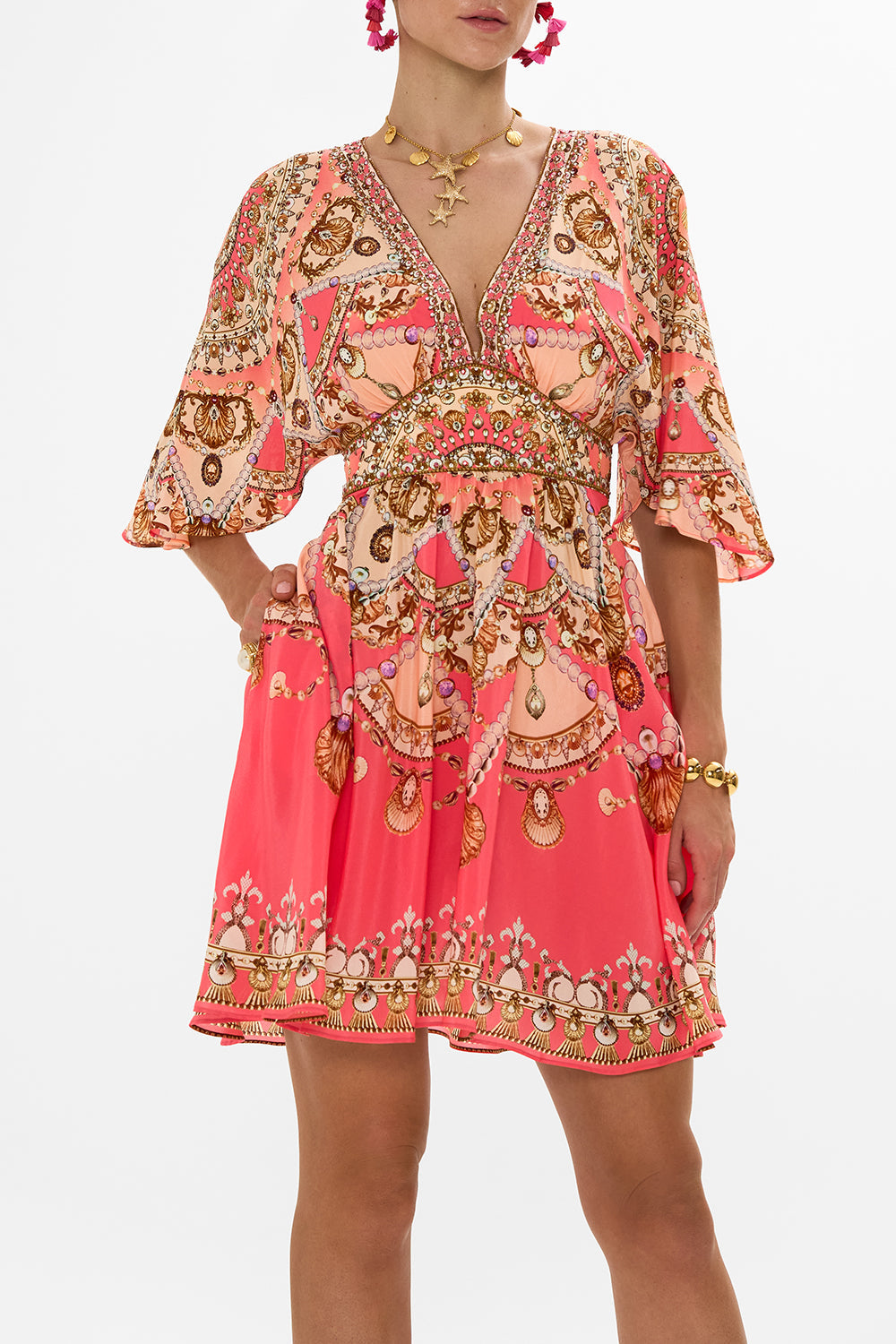 CAMILLA Pink Short Waisted Dress in Shell Games print