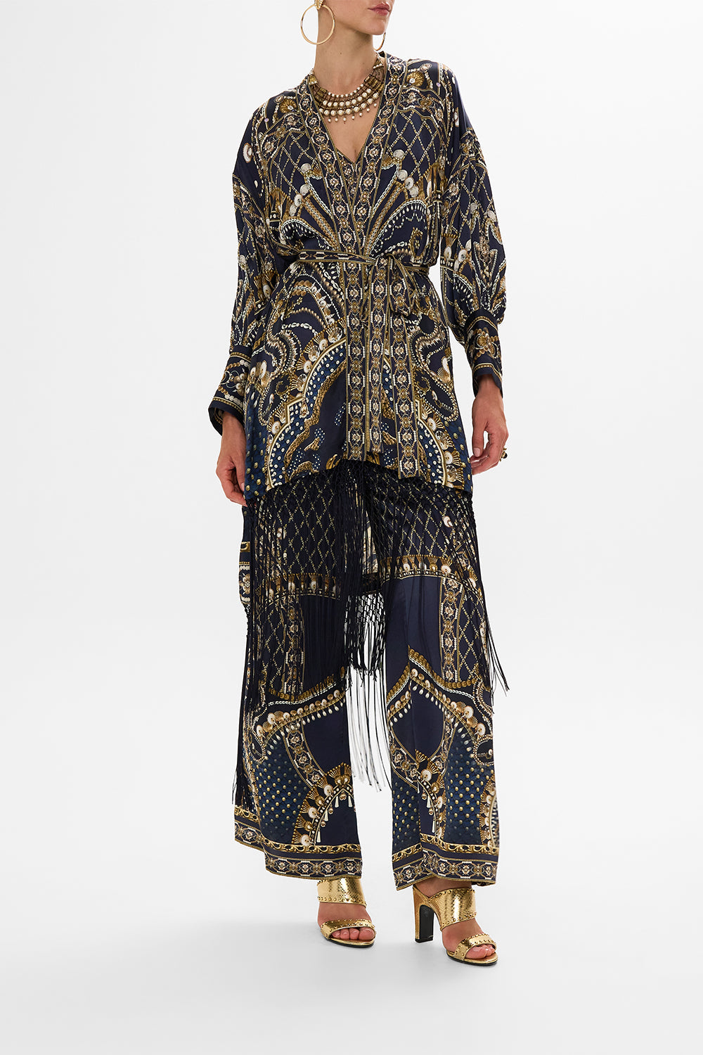 CAMILLA Gold High Low Hem Layer with Macrame Fringing in Dance with the Duke print