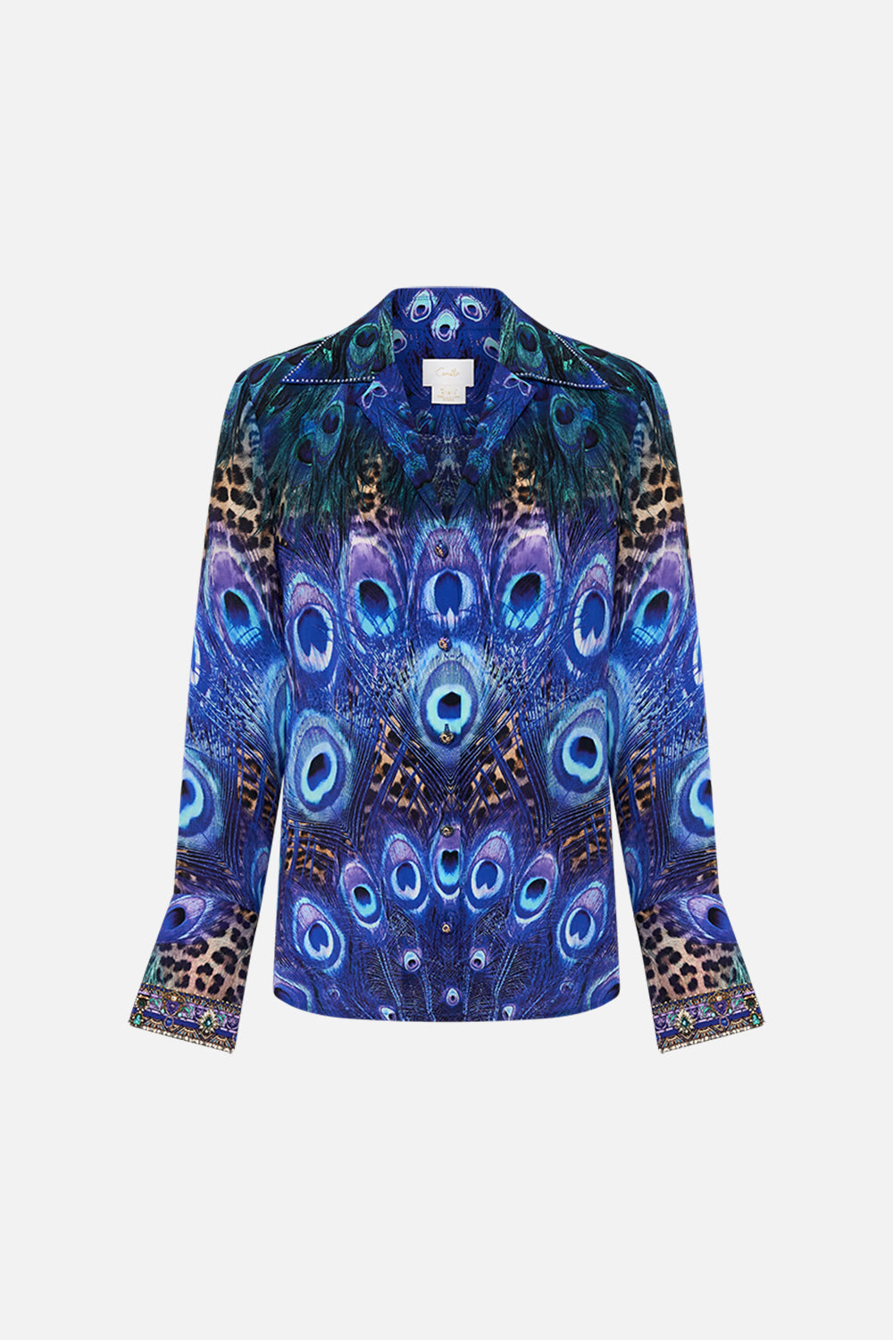 Product view of CAMILLA silk shirt in Peacock Rock print