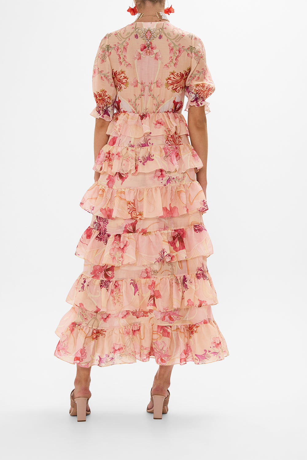 PUFF SLEEVE TIERED SKIRT LONG DRESS BLOSSOMS AND BRUSHSTROKES