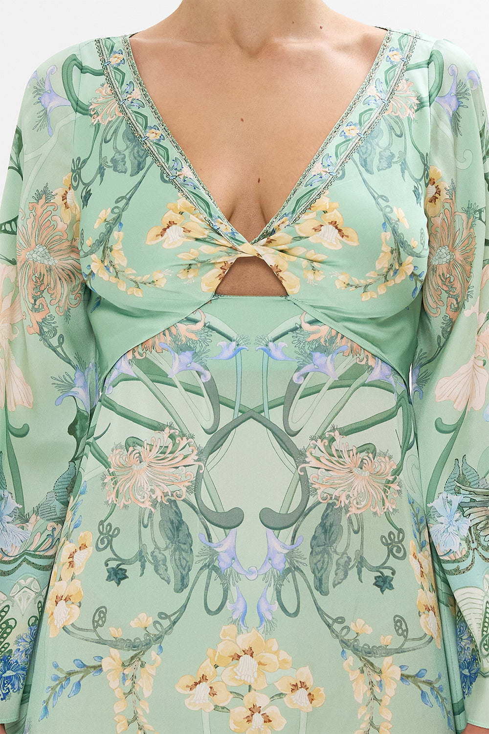 CAMILLA Floral Long Sleeve Twist Short Dress in Dreaming in Dutch