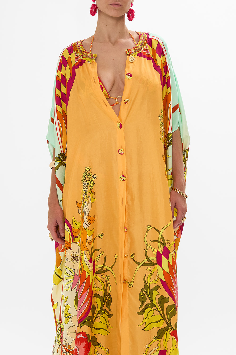 CAMILLA Floral Button Through Batwing Kaftan in The Flower Child Society