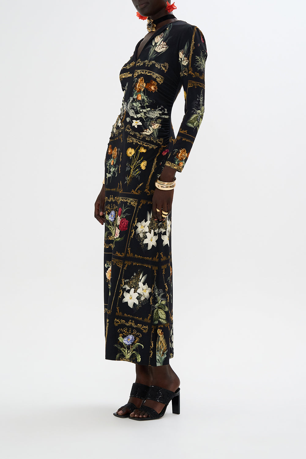 CAMILLA Black Gathered Jersey Long Dress in Magic in the Manuscripts