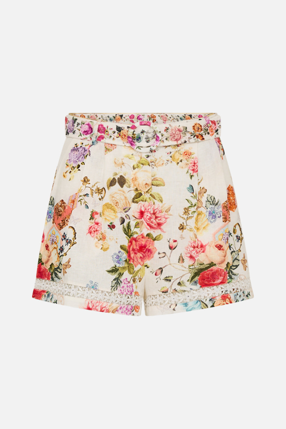 The CAMILLA HIGH WAISTED SHORTS WITH LACE INSERT SEW YESTERDAY in our  print.