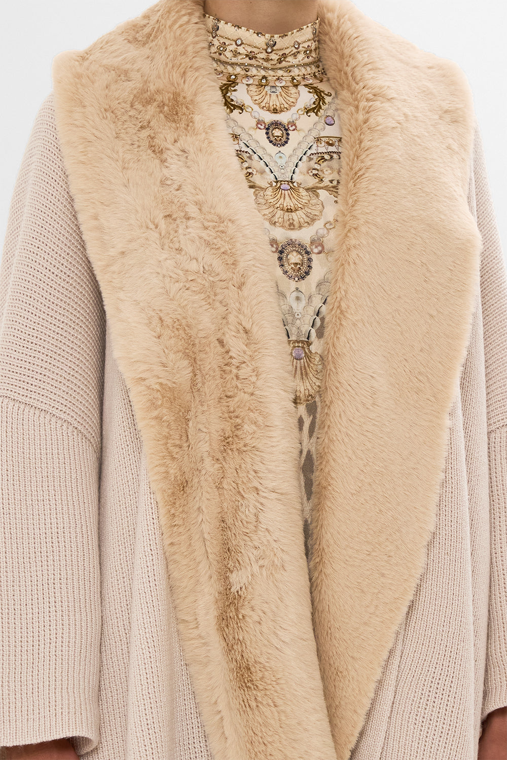 CAMILLA blush knit relaxed layer with faux fur in Grotto Goddess print.