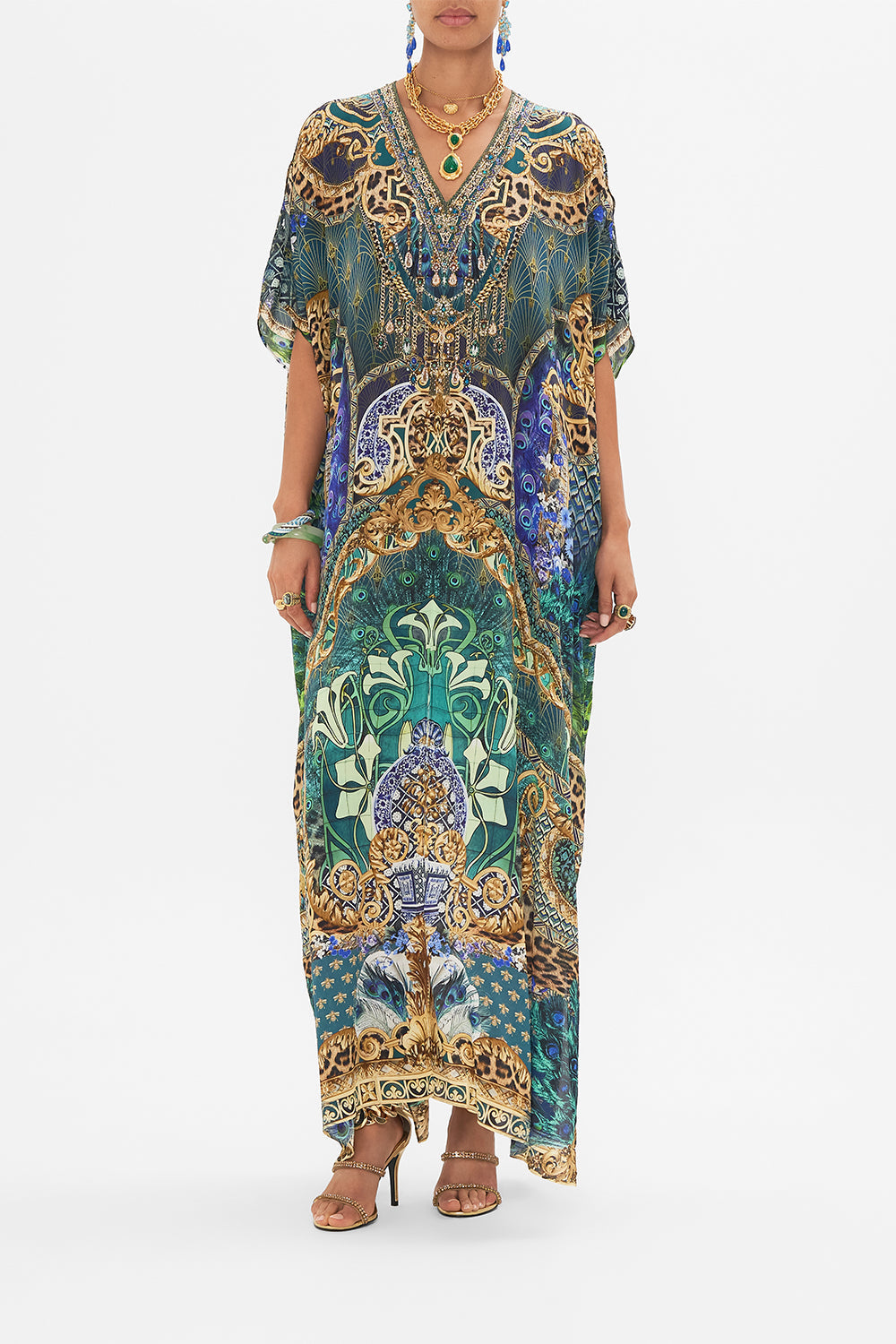 Front view of model wearing CAMILLA silk kaftan in Fan Dance print