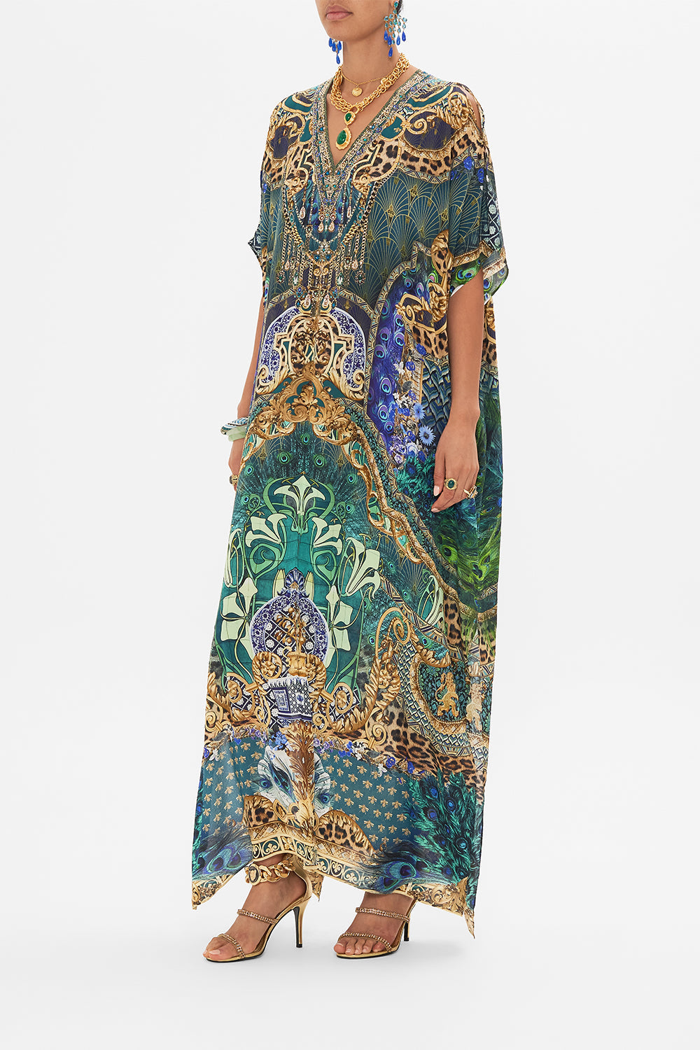 Side view of model wearing CAMILLA silk kaftan in Fan Dance print