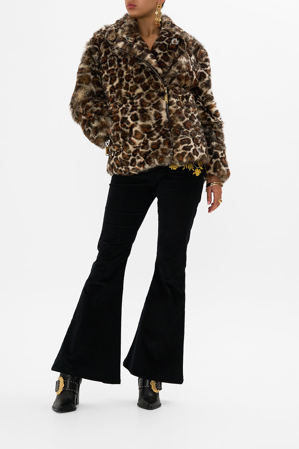 CAMILLA Leopard Oversized Fur Biker Jacket in Born in Bruges