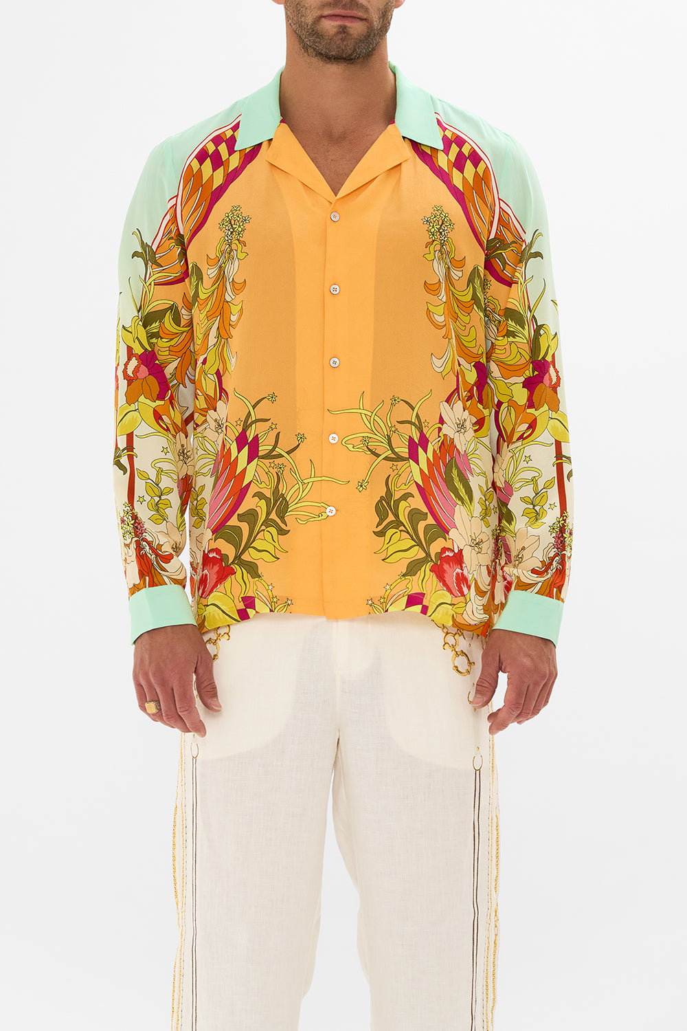 CAMILLA floral long sleeve camp collared shirt in The Flower Child Society