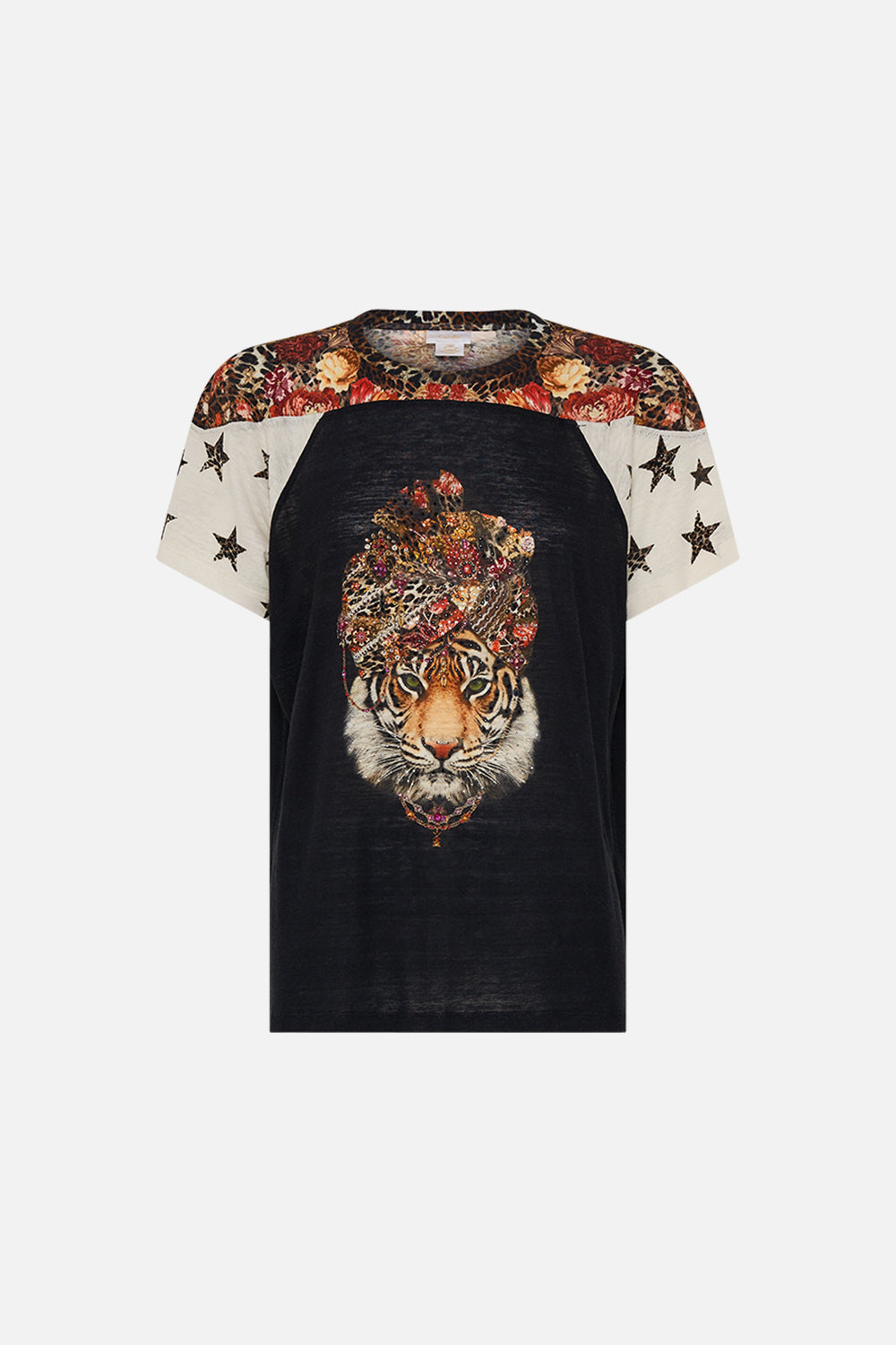 CAMILLA leopard fitted panelled t-shirt in Born In Bruges print.