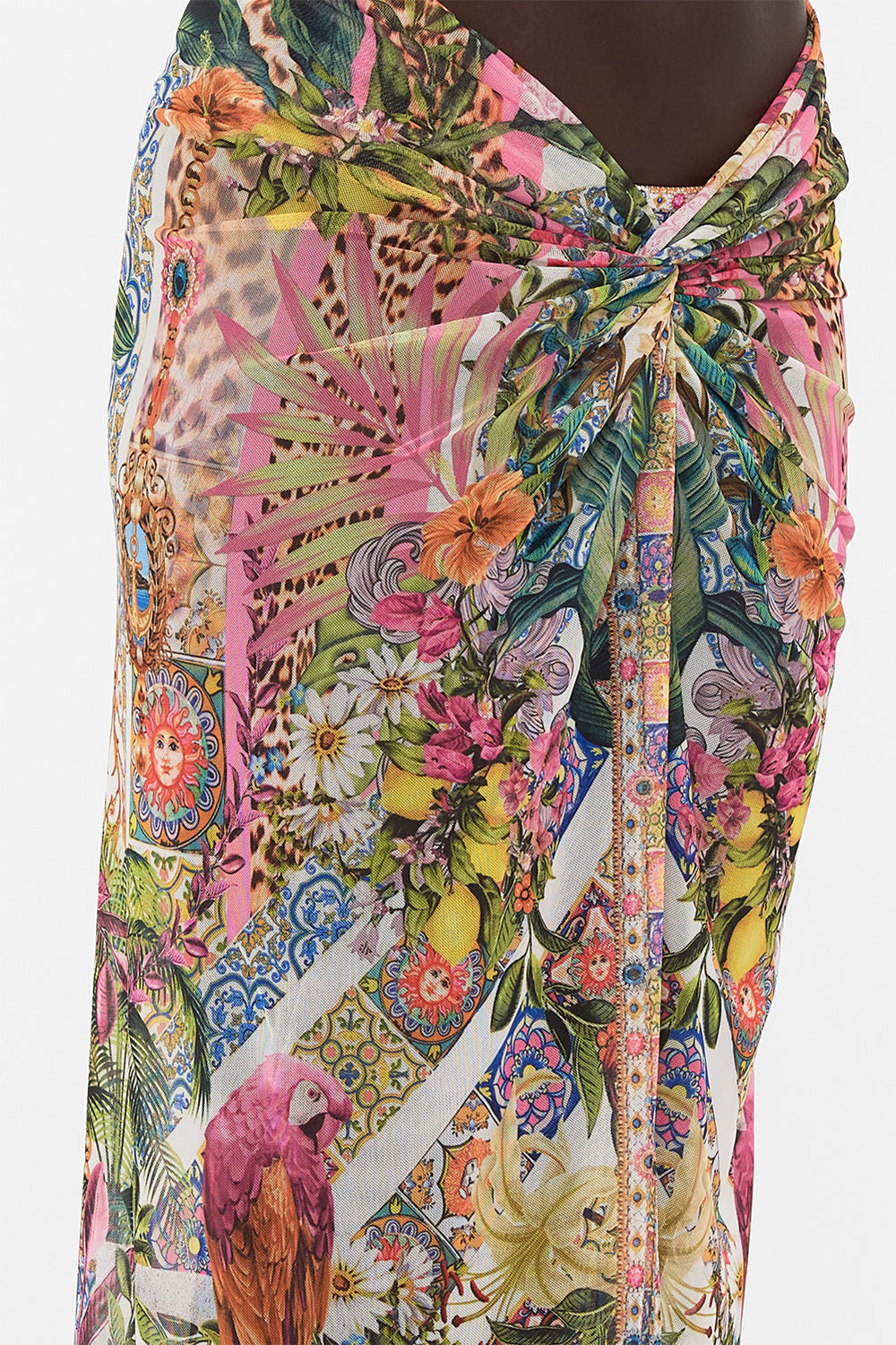 Detail view of model wearing CAMILLA floral skirt in Flowers Of Neptune print