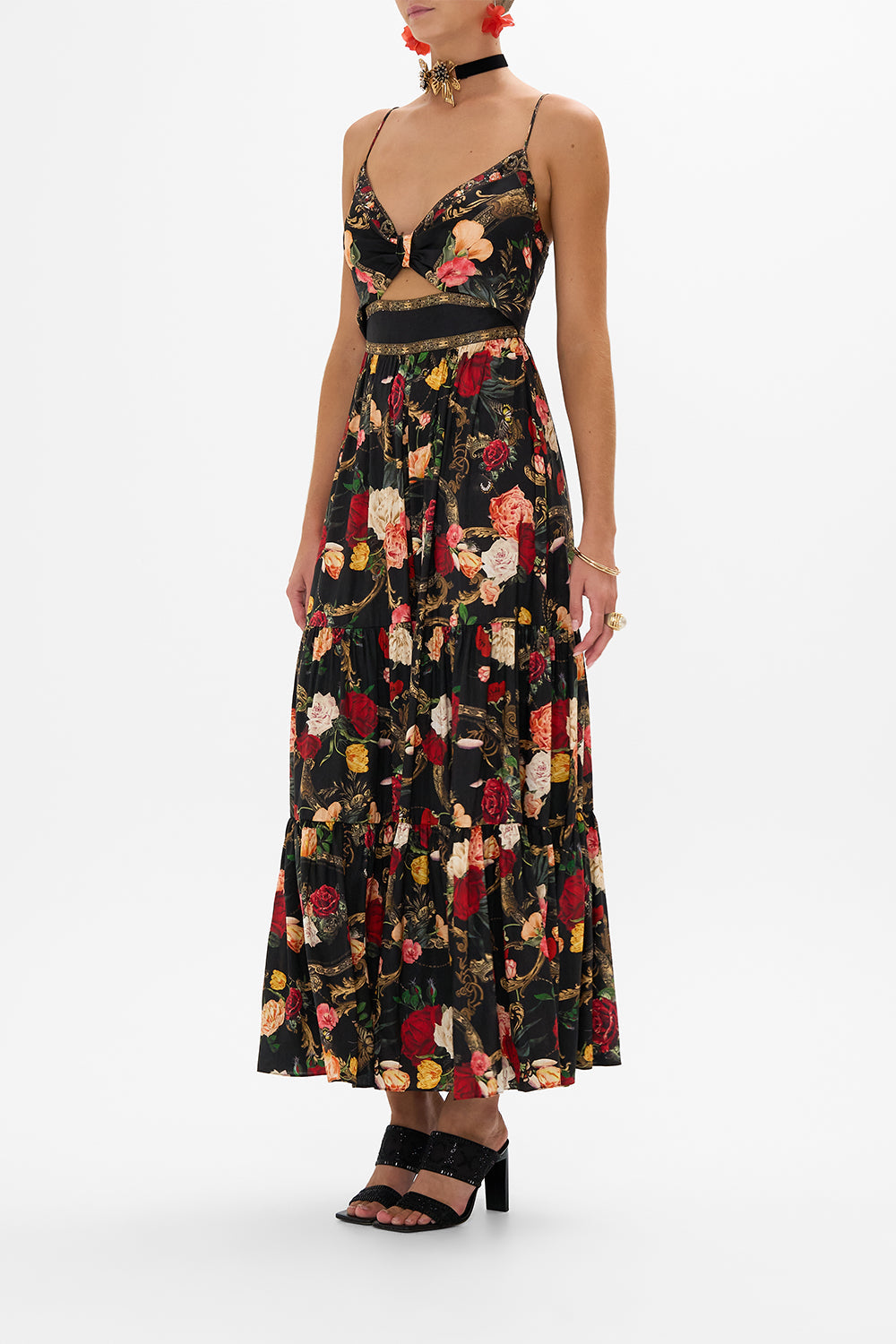 CAMILLA black floral print silk maxi dress in Magic In The Manuscripts print
