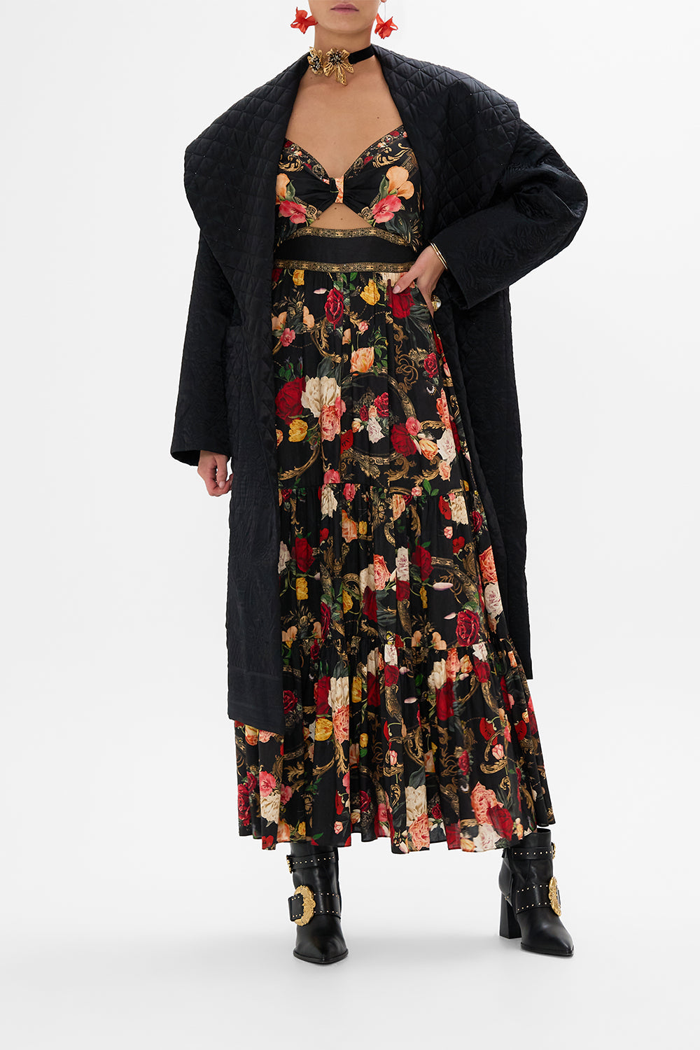 CAMILLA black floral print silk maxi dress in Magic In The Manuscripts print