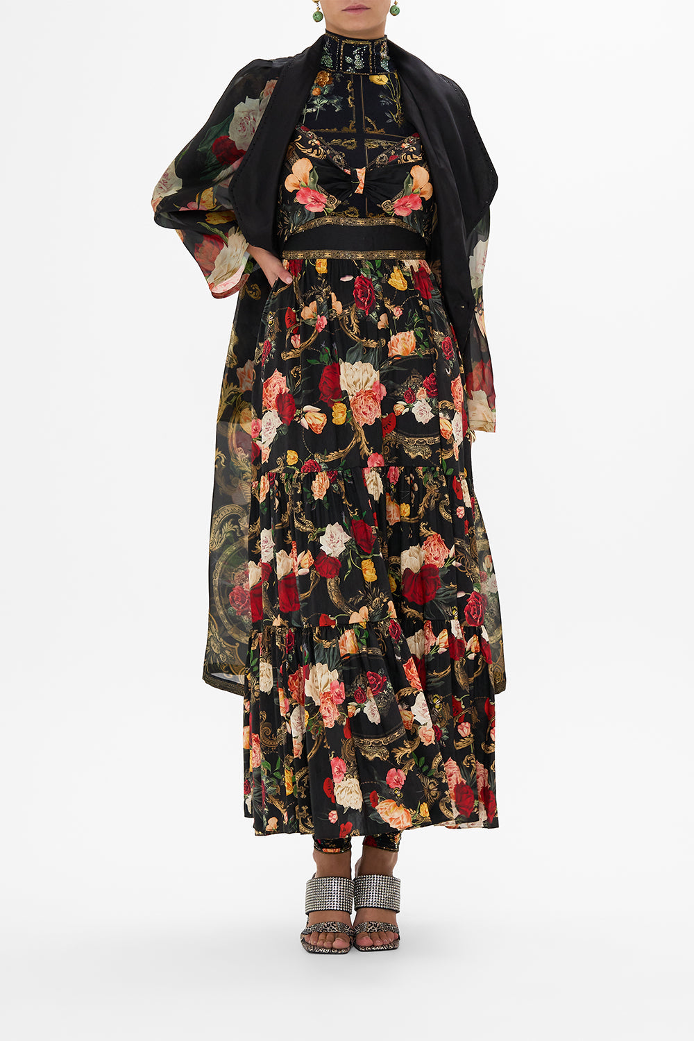 CAMILLA black floral print silk maxi dress in Magic In The Manuscripts print