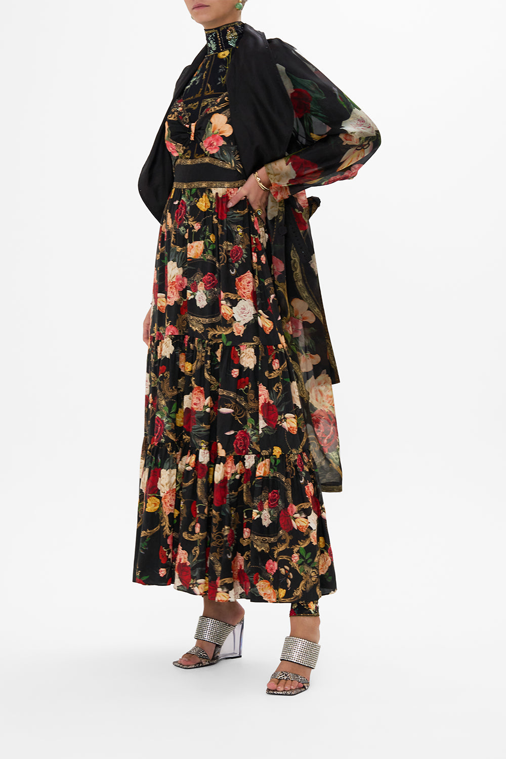 CAMILLA black floral print silk maxi dress in Magic In The Manuscripts print